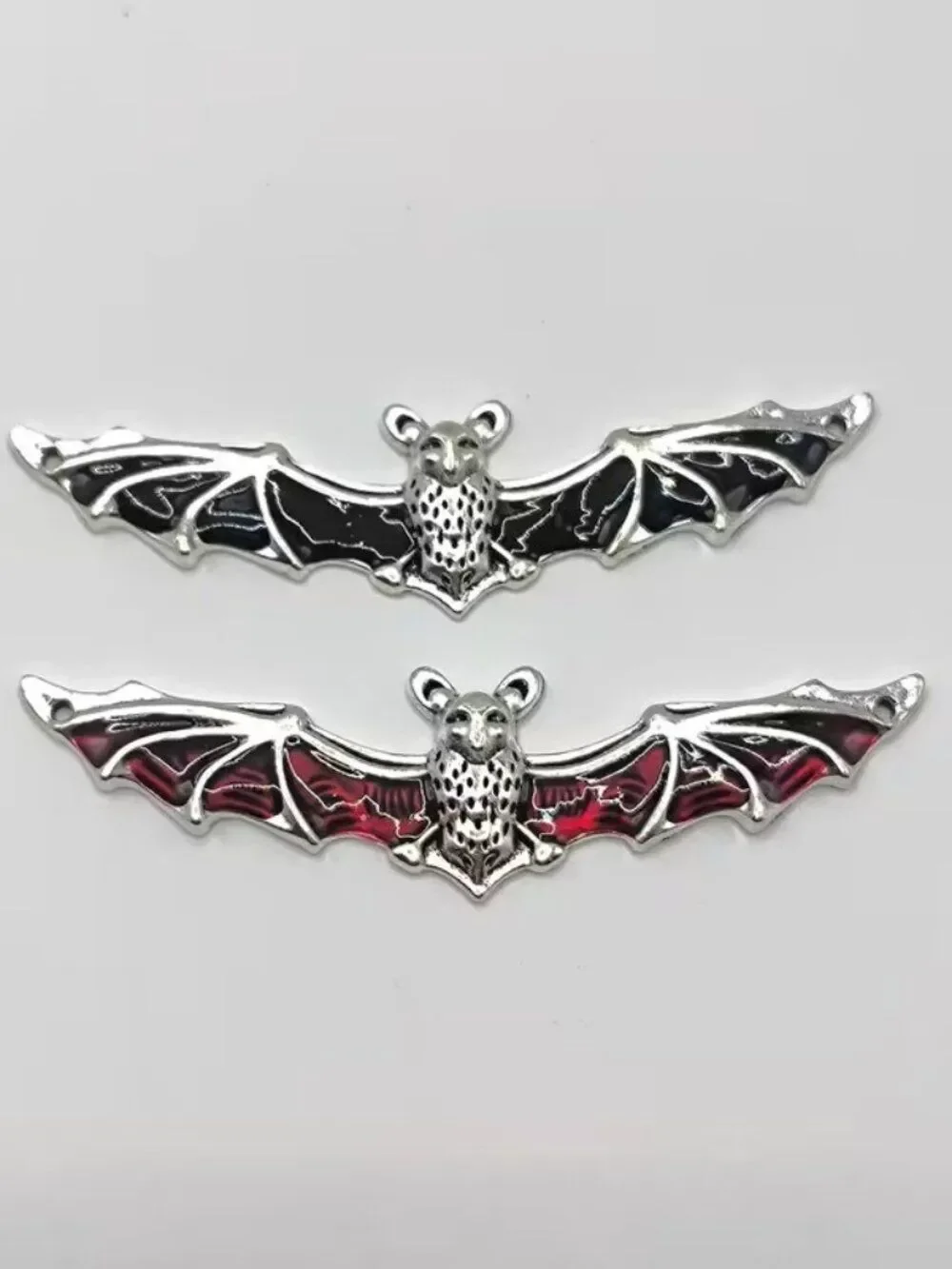Set of 2 Gothic Halloween Bat Silver-Plated Pendants for Bags Black and Red